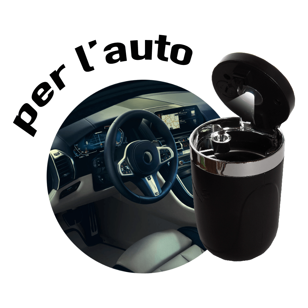 Elegante posacenere da Auto con potente LED integrato, colore nero o blu, vari modelli disponibili.